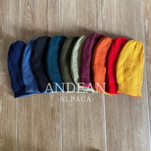Könnte beinhalten: Eine Reihe von farbenfrohen Strickmützen in Blau-, Grün-, Lila-, Orange-, Rot- und Gelbtönen. Jede Mütze hat ein Zopfmuster. Der Text "ANDEAN -ALPACA-" ist am unteren Rand des Bildes zu sehen.