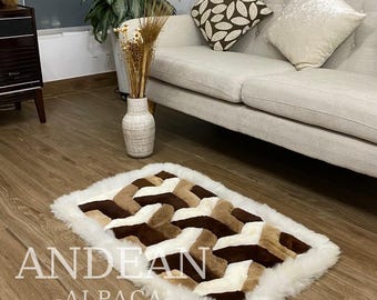 Geometric Alpaca Fur Rug – Soft Fluffy Carpet, Plush Throw, Furry Tapestry, Cozy Accent Mat – Handmade Luxury Home Decor