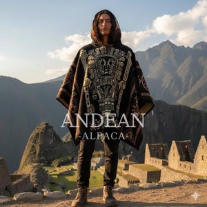 May include: A person wearing a black and brown Andean alpaca poncho with a hood. The poncho features a cream-colored geometric design and the text "ANDEAN - ALPACA". The background shows mountains and ancient ruins.