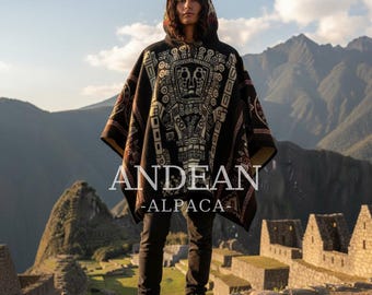 Handgemaakte Inca-poncho met capuchon / warme uniseks poncho van Peruaanse alpacawol / Andes-poncho voor heren en dames