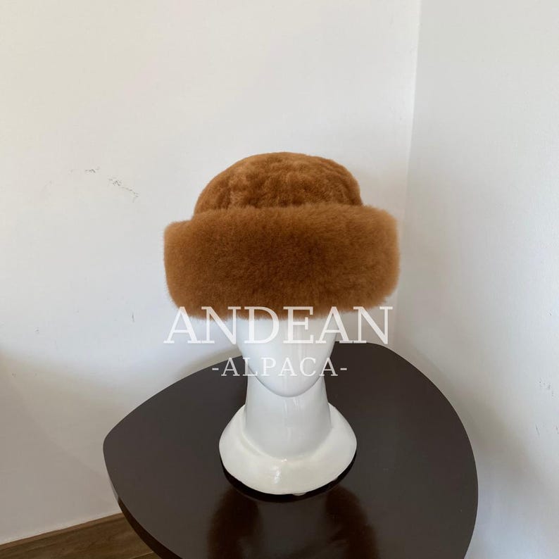 May include: A brown, fluffy hat with a wide brim, displayed on a white mannequin head. The hat has a rounded crown and a thick, textured appearance. The text "ANDEAN ALPACA" is visible on the mannequin's base.