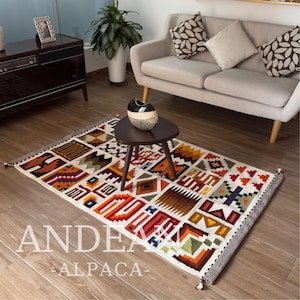 Groot handgeweven incakalendertapijt – Peruaans Andes-textiel wandkleed, extra groot vloerkleed, tapijt, bohodecor voor woonkamer of gang