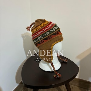 Chullo péruvien avec doublure en laine d'alpaga - Cache-oreilles andin, bonnet d'hiver tricoté à la main, chaud et doux, cadeau unisexe