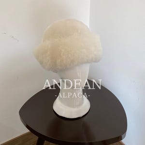 May include: A cream-coloured alpaca fur hat with a rounded crown and a brim. The hat is displayed on a white mannequin head. The text "ANDEAN ALPACA" is visible below the hat. The hat is on a dark brown, triangular table.