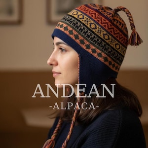 Könnte beinhalten: Eine dunkelblaue Strickmütze mit Ohrenklappen und einem mehrfarbigen geometrischen Muster in Orange, Gelb und Dunkelgrün. Die Mütze hat eine geflochtene Quaste oben und zwei geflochtene Seitenzöpfe mit mehrfarbigen Enden. Text ANDEAN -ALPACA- sichtbar.