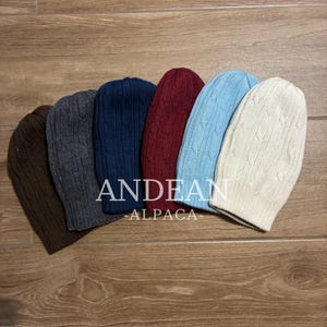 Könnte beinhalten: Sechs Zopfmuster-Mützen in verschiedenen Farben: Braun, Grau, Marineblau, Burgunderrot, Hellblau und Creme. Der Text "ANDEAN ALPACA" ist sichtbar. Die Mützen liegen auf einer Holzoberfläche.
