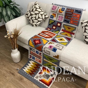 Handgeweven Inca-wandtapijt – grijze Andeskalender textiel, vloerkleed, tapijt, boho-decor voor hal, hal, woonkamer