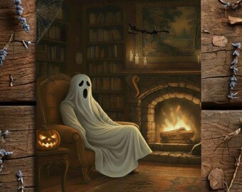 Gezellige boekcafékunst aan de muur: herfstavond afdrukbaar, Halloween-spookprint (digitale download)