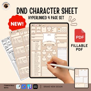 May include: A digital character sheet for Dungeons and Dragons (D&D) with a tan background and black text. The sheet is labeled "DND Character Sheet" and "Hyperlinked 4 Page Set". The sheet is compatible with digital pens and pencils. The text "NEW!" is in a red box. The text "FILLABLE PDF" is in a red box.