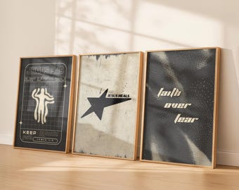 May include: Three framed art prints with inspirational messages. The first print has the text "JAMES 5:16" and "KEEP" with a graphic. The second print says "JESUS HEALS" with a star graphic. The third print says "faith over fear".