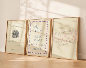 May include: Three framed art prints with inspirational quotes and illustrations. The prints feature text in a handwritten style, including phrases like "can all your worries" and "He can do a lot with a little."