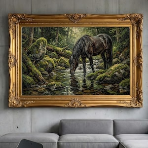 Pintura al óleo "Caballo oscuro bebiendo en un arroyo del bosque" y PNG imprimible para enmarcar TV con un estilo patrimonial verde intenso y una pieza de arte 8K con empaste denso.