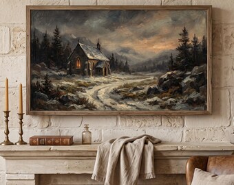 Winter Chapel Frame TV Art, Scottish Highlands Oil Painting, Moody Snow Landscape