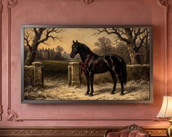 Christmas Horse Frame TV Art, Black Horse with Velvet Bow, Winter Equestrian Oil Painting, Samsung Frame TV Decor