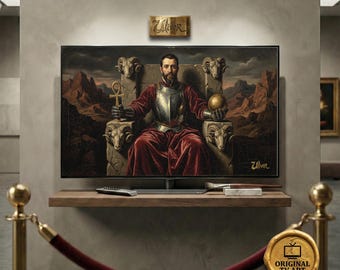 The Emperor Tarot Stone Throne Art - Compatible with Samsung Frame TV - 8K Crimson Regal Oil Painting, Digital Impasto Texture Arcana Decor