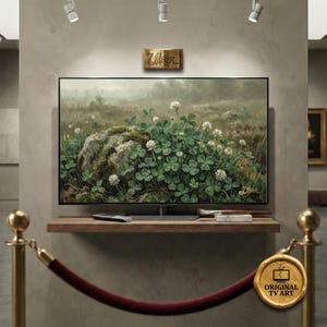 Vintage Shamrock TV Art, Green Clover Oil Painting for Samsung Frame, 8K Digital Botanical Decor, The Lucky Pot