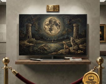 The Moon Tarot Nocturnal Landscape Art - Compatible with Samsung Frame TV - 8K Mystical Indigo Oil Painting, Digital Impasto Texture Decor