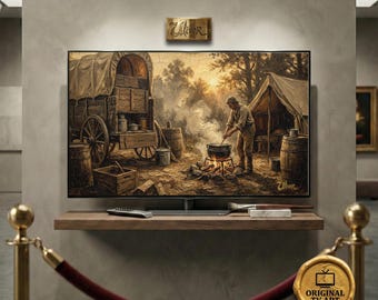 Dawn at the Chuckwagon Cowboy oil painting compatible with Samsung Frame TV Art featuring a Rustic Morning Heritage aesthetic in 8K Quality