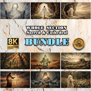 Può includere: Una collezione di nove stampe d'arte religiosa, raffiguranti Gesù in varie scene. Le stampe presentano una tavolozza di colori caldi con un'attenzione alla luce e all'ombra. Il testo "WHOLE SECTION Sacred & Cathedral BUNDLE" è visibile.
