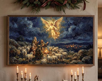 Annunciation to the Shepherds Frame TV Art, Angel Christmas Painting, Biblical Night Landscape
