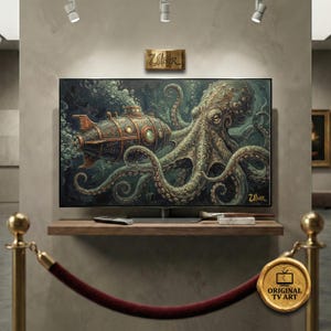 Könnte beinhalten: Ein großer Flachbildfernseher zeigt eine Unterwasserszene mit einem Oktopus und einem U-Boot. Das Kunstwerk ist in Grün-, Braun- und Blautönen gehalten. Der Fernseher ist auf einem Holzregal mit einer Fernbedienung und anderen Gegenständen montiert.