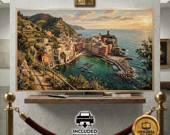 Vintage Italy Vernazza Cliffside for Samsung Frame TV - Cinque Terre Coastal Oil Painting