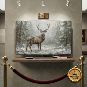 Arte de TV con ciervo majestuoso | Pintura al óleo vintage de vida silvestre invernal | Naturaleza de bosque brumoso | 8K 4K FullHD digital | (Compatible con marco Samsung)