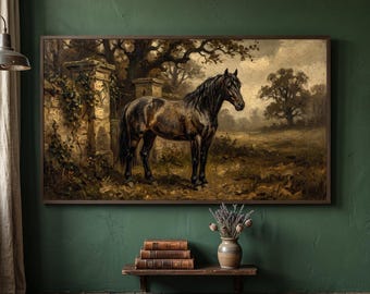 Black Horse Frame TV Art, Vintage Style Equestrian Oil Painting, English Manor Decor