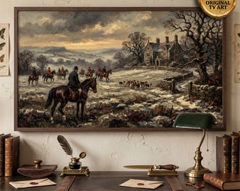 Fox Hunt Frame TV Art, English Equestrian Winter Painting, Country Manor Horse Decor