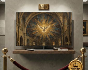 Antique Holy Spirit Dove Oil Painting | Sacred Catholic Christian Altar Art | (Fits Samsung TV)
