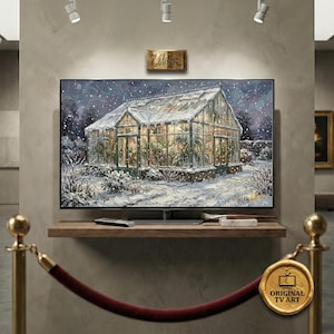 Vintage Winter Greenhouse | Botanical Garden Snow Oil Painting | Moody Nature Decor | Biophilic Design 8K | (Fits Samsung Frame)
