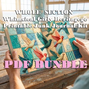 Può includere: Un kit per junk journal stampabile con uno sfondo patchwork di quadrati color verde acqua e crema con pennellate strutturate. Le pagine mostrano vari uccelli in volo nelle tonalità del rosso, blu e crema con motivi a pois. Il testo recita WHOLE SECTION Whimsical Girly Heritagege Printable Junk Journal Kit PDF BUNDLE.