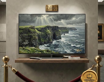 Vintage Irish Cliffs TV Art, Emerald Isle Coast Oil Painting for Samsung Frame, 8K Digital Coastal Nature Wallpaper