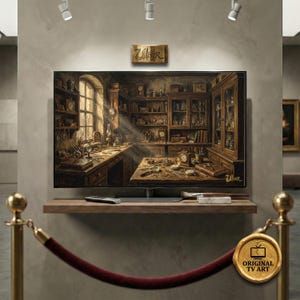 以下が含まれることがあります： 時計、工具、本でいっぱいのヴィンテージワークショップの詳細なセピア調の画像を表示する大型フラットスクリーンテレビ。 テレビは、リモコンと画材を備えた木製の棚に取り付けられています。 画像には「Original TV Art」とラベルが付けられています。