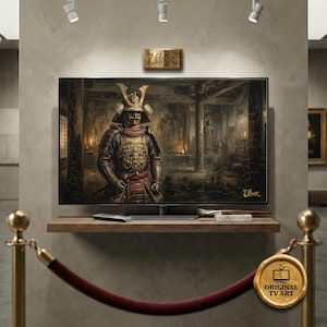 May include: A large flat-screen TV displays a digital painting of a samurai in full armor. The artwork is set in a traditional Japanese interior. The TV is mounted on a wooden shelf with accessories. The text "Ullver" is visible.