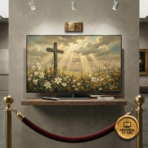 Vintage Cross TV Art | Christian Easter Oil Painting | Religious Farmhouse Decor | (Fits Samsung Frame)