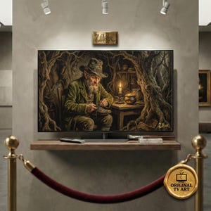 Può includere: Stampa d'arte digitale su schermo TV. L'opera raffigura un uomo anziano con cappotto e cappello verdi, seduto e intento a lavorare su una scarpa in una stanza poco illuminata. Una candela accesa e un piccolo vaso sono sul tavolo. L'opera è firmata "Ulliver".