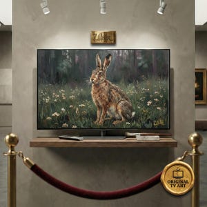 Può includere: Un grande televisore a schermo piatto mostra un dipinto dettagliato di una lepre in un campo di fiori selvatici, sullo sfondo di una foresta. La TV è su una mensola di legno con un telecomando e materiali artistici. Il testo "Original TV Art" è su un medaglione d'oro.