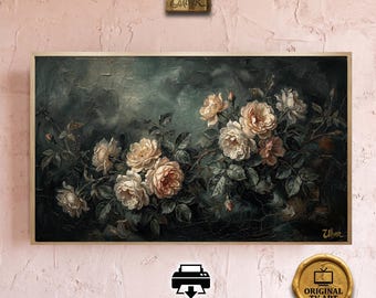 Moody Wild Roses Art for Samsung Frame TV 2026 - Dark Green Floral Heavy Impasto Oil Painting and Heritage Printable PNG for Hisense Canvas