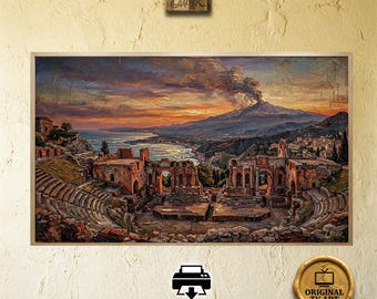 Vintage Taormina Theater for Samsung Frame TV - Moody Etna Sunset Oil Painting