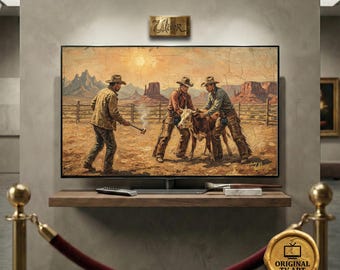 Branding Iron Cowboy Ranch oil painting compatible with Samsung Frame TV Art featuring a Rustic Frontier Heritage aesthetic in 8K Quality