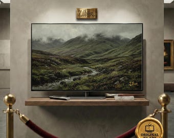 Vintage Landscape TV Art | Moody Scottish Highlands Oil Painting | Dark Green Decor | (Fits Samsung Frame)