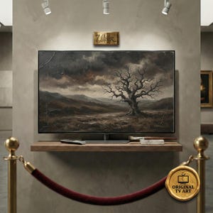 Düstere Landschaft mit einsamem Baum | Ölgemälde mit dunklem, stürmischem Himmel | Gotisch-minimalistisches Dekor | Impasto-Textur 8K | (Passend für Samsung-Rahmen)