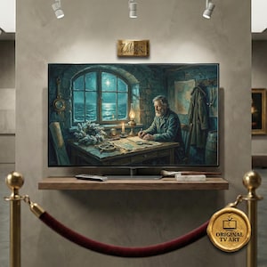 Vintage Nautical Mapmaker TV-konst | Oljemålning med studie av en gammal man | Guiding Star med havsutsikt | Dark Academia 8K | (Passar Samsung Frame)