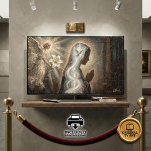 Può includere: Stampa d'arte digitale visualizzata su uno schermo TV, raffigurante un dipinto religioso di una donna con una colomba e un angelo. L'opera d'arte è nei toni del marrone, bianco e oro. La TV è su una mensola di legno.