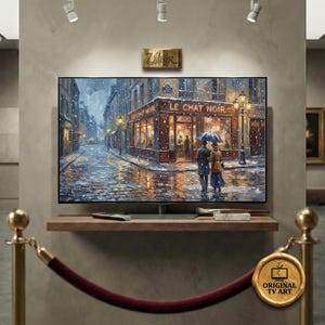 Snowy Night at Le Chat Noir Paris TV Art - 8K Vintage Impressionist Oil Painting for Samsung Frame - Romantic Winter Cityscape, Impasto