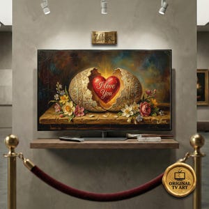 Può includere: Dipinto digitale su schermo TV raffigurante un uovo incrinato con un cuore rosso e la scritta "I Love You". L'uovo è decorato con filigrana dorata e circondato da fiori.