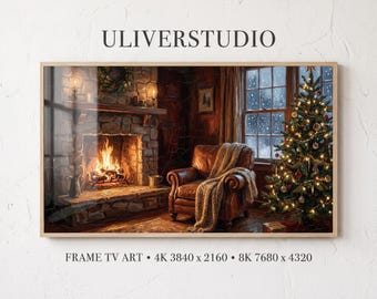Cozy Winter Cabin TV Art | Moody Fireplace Oil Painting | Hygge Snow Window View | Rustic Lodge Decor | Dark Academy | (Fits Samsung Frame)