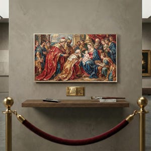 Televisión de arte religioso vintage | Adoración de los Reyes Magos | Pintura al óleo del Museo Barroco | Decoración de pared cristiana | (Compatible con marco Samsung)