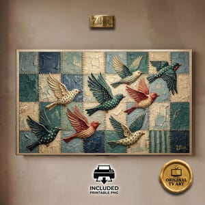 Può includere: Un'opera d'arte incorniciata con nove uccelli stilizzati in volo, su uno sfondo patchwork di quadrati blu, crema e verde acqua. Gli uccelli sono in tonalità di rosso, verde acqua e crema con motivi alari dettagliati. L'opera include il testo "Utter" e "Original TV Art".